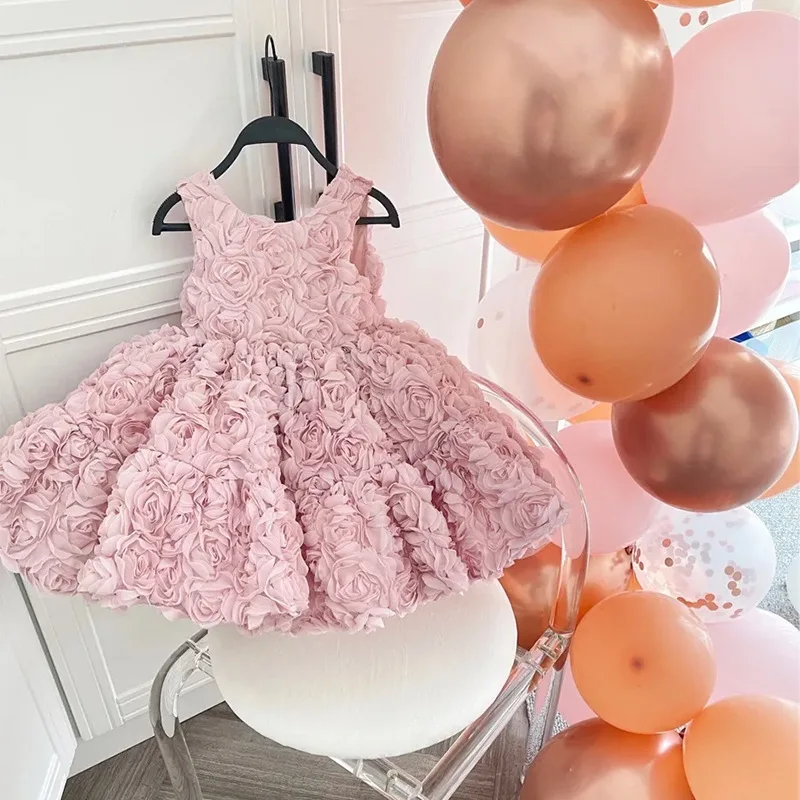 Girls birthday princess dress high-end dress Korean style fashion baby pink three-dimensional flower dress