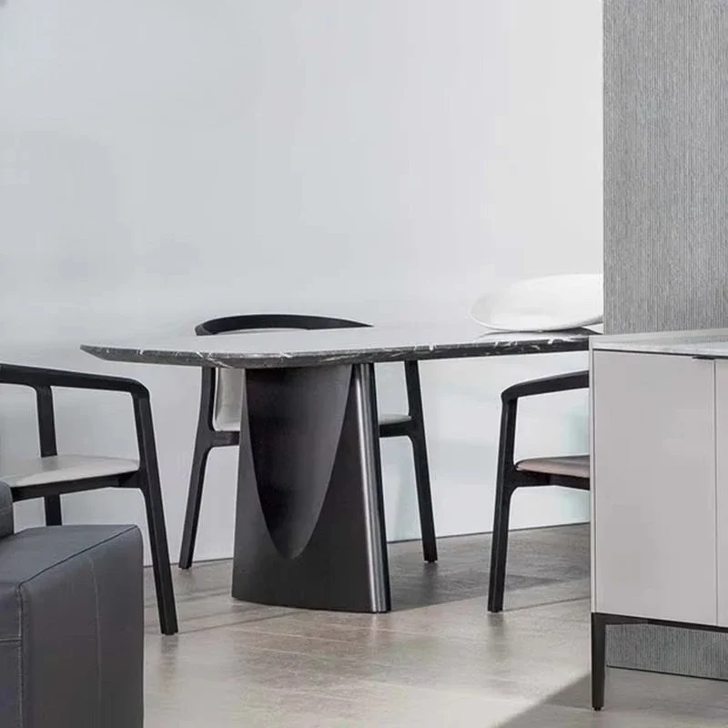 

--Luxury Kitchen Table Stable Metal Base Elegant Marble Long Restaurant Table Set 8 Chairs for Home