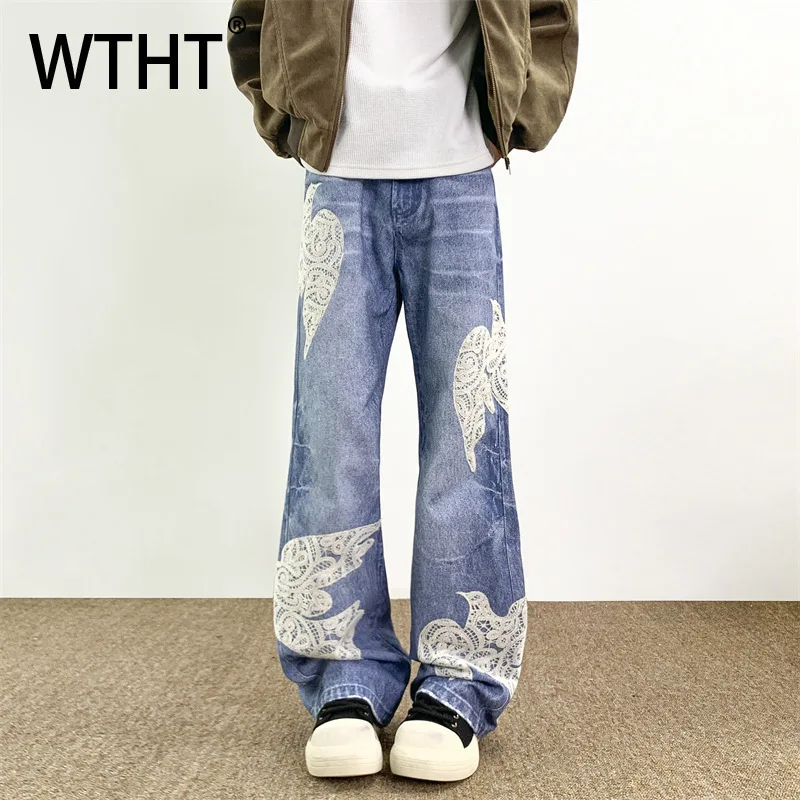 

WTHT Fashion Men’s Spliced Lace Design American Style Denim Pants Trendy High-waisted Straight Jeans Male 2025 Summer 2A1326
