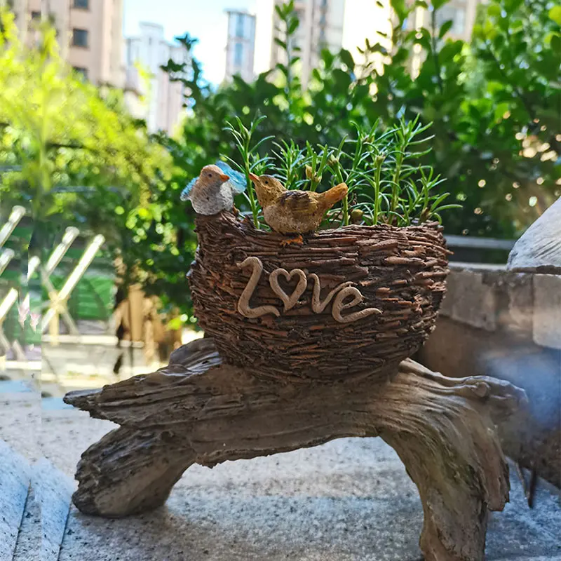 

Imitation Dead Wood Bird Flower Pot Bird Feeder Resin Ornament Outdoor Garden Figurines Crafts Lawn Courtyard Balcony Decoration