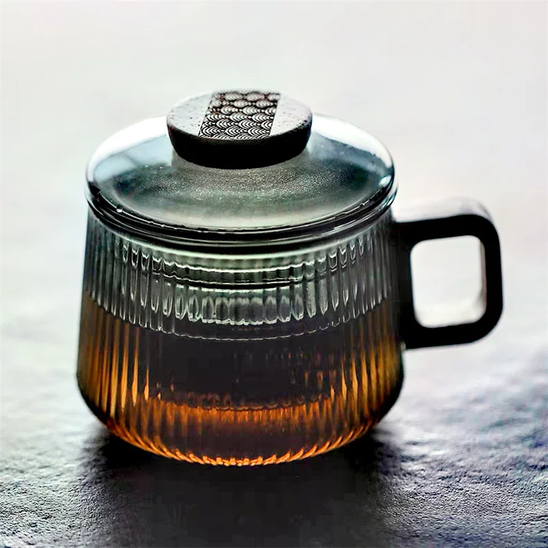 300ml Striped High Borosilicate Glass Tea Mugs Wooden Handle Tea Water Separation Cup Kung Fu Set Office Teacup