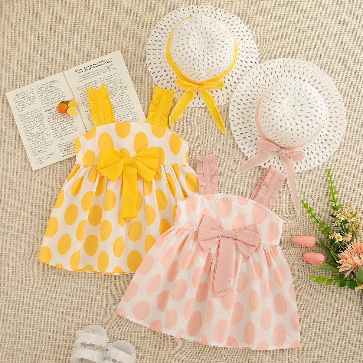 Baby Girl Dress Summer Bow And Dot Pattern Beach Casual Girl Kid's Dress Cute Simple Baby Girls Princess Dress With Hat