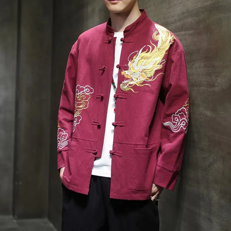 

Chinese Sle Embroidered Long Sve Jaet Men's Hanfu Ethnic Sle Loose Fit Thiened Cotton Outerwear for Youth