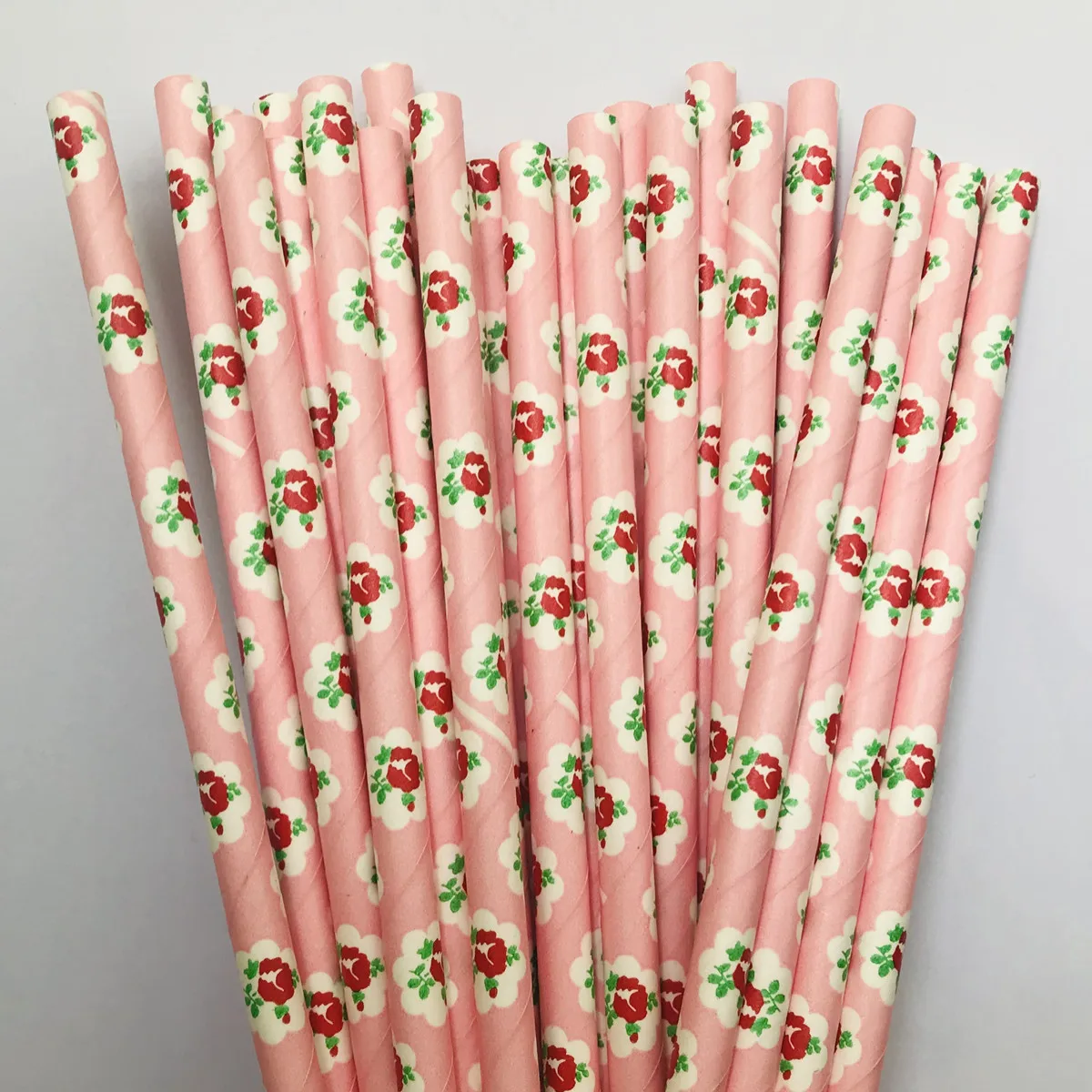 100 Pcs Green Leaves Red Rose Flower Paper Straws,Light Pink Floral Girl Valentine Wedding Elegant Vintage Garden Party Drinking