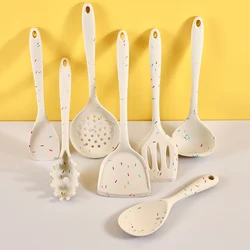 Food Grade Creative Color Dot Silicone Kitchenware Long Handle Soup Spoon Colander Frying Spatula Household Baking Cooking Tools