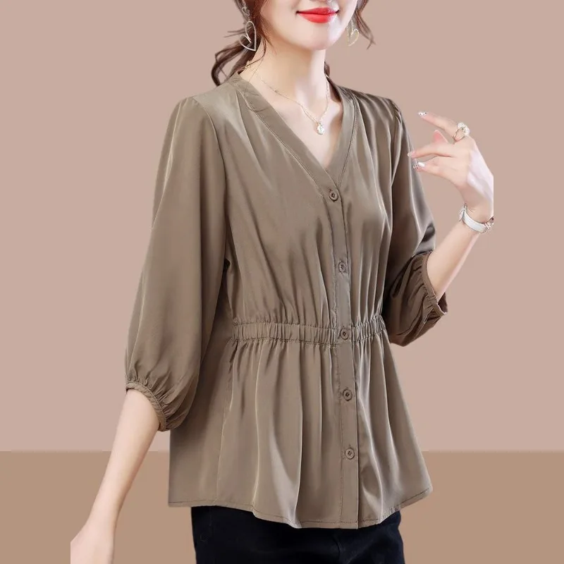 Spring Shirt Women Loose Single Breasted Solid V-neck Three Quarter Sleeves Simple Temperament Slim Office Lady All-match Cozy