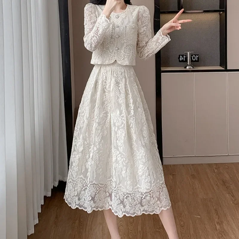 OCEANLOVE Lace Blouse Skirts Sets Solid Spring Autumn Korean Fashion 2 Pieces Set Women Outfits Elegant Conjunto Femenino