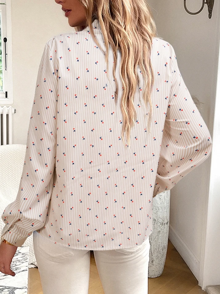 Camicia stampata a righe a contrasto monopetto con bordo arricciato colletto rialzato per Top a maniche lunghe da pendolarismo da donna