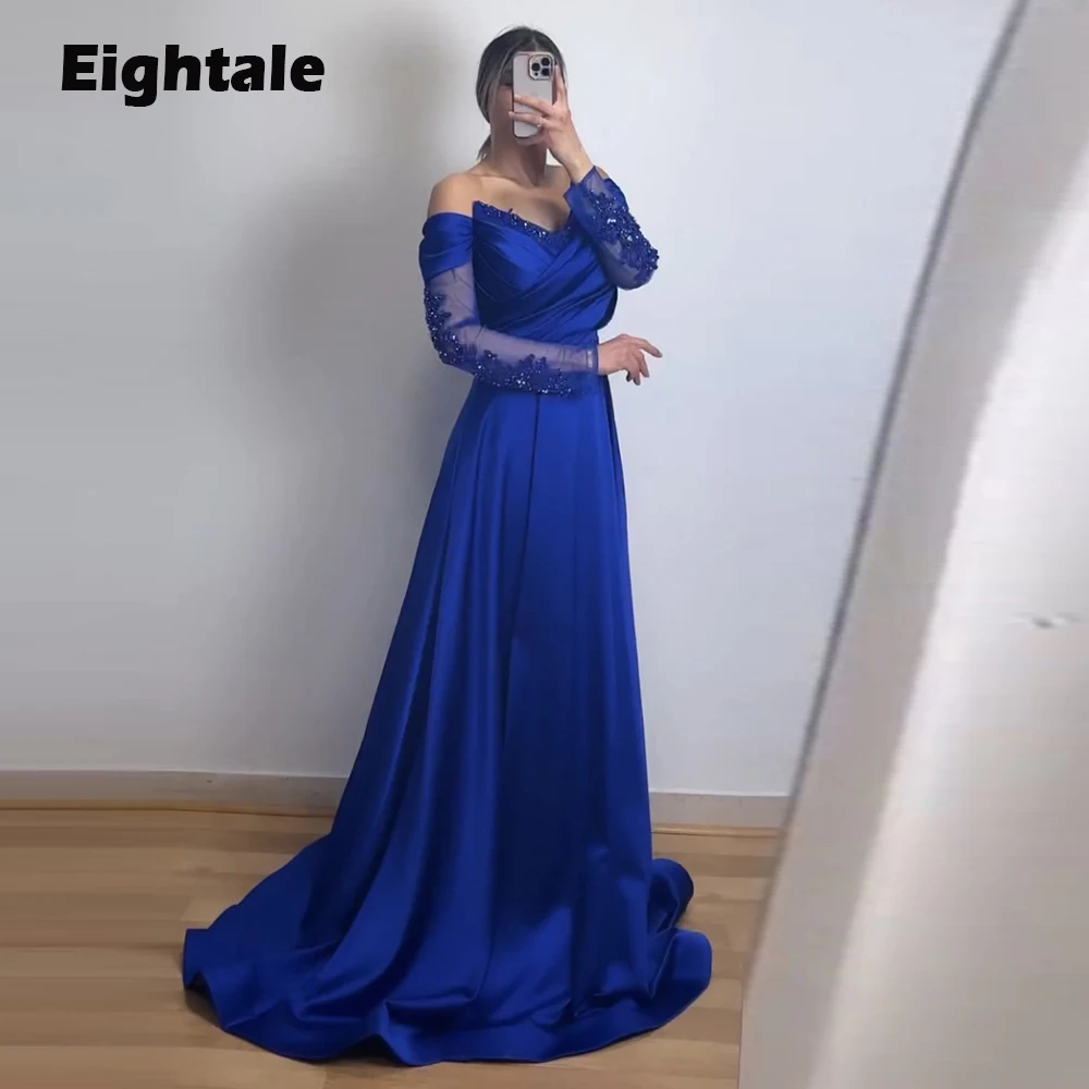 

Eightale Evening Dresses Satin V-Neck Pleats Off Shoulder A-Line Custom Made Color Celebrity Long Sleeves Arabic Prom Party Gown