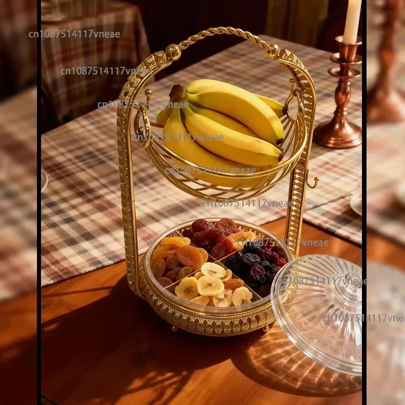 Golden 2 Layer Fruit Basket Stand With Handle Glass Covered Nut Dry Fruit Box Divider Tray for Home Kitchen Party Wedding