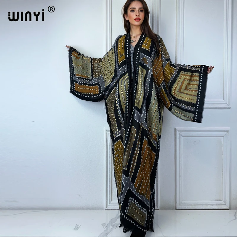 WINYI summer outfit kimono africa geometry print beach cover up maxi dress cardigans beach wear women 2025 abaya dubai luxury