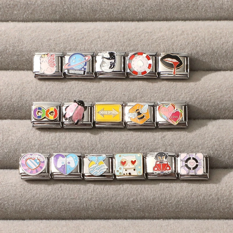 

New Romantic Heart Cat Bee Dog Lips Car Planet Italian Charm Link Fit 9mm Bracelet Stainless Steel Women Men DIY Making Jewelry