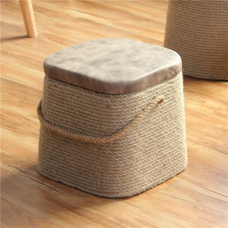 Wabi-Sabi Style Stool, Hemp Rope Trapezoidal Storage Ottoman, Living Room Footrest, Entrance Shoe Storage Bench Footrest