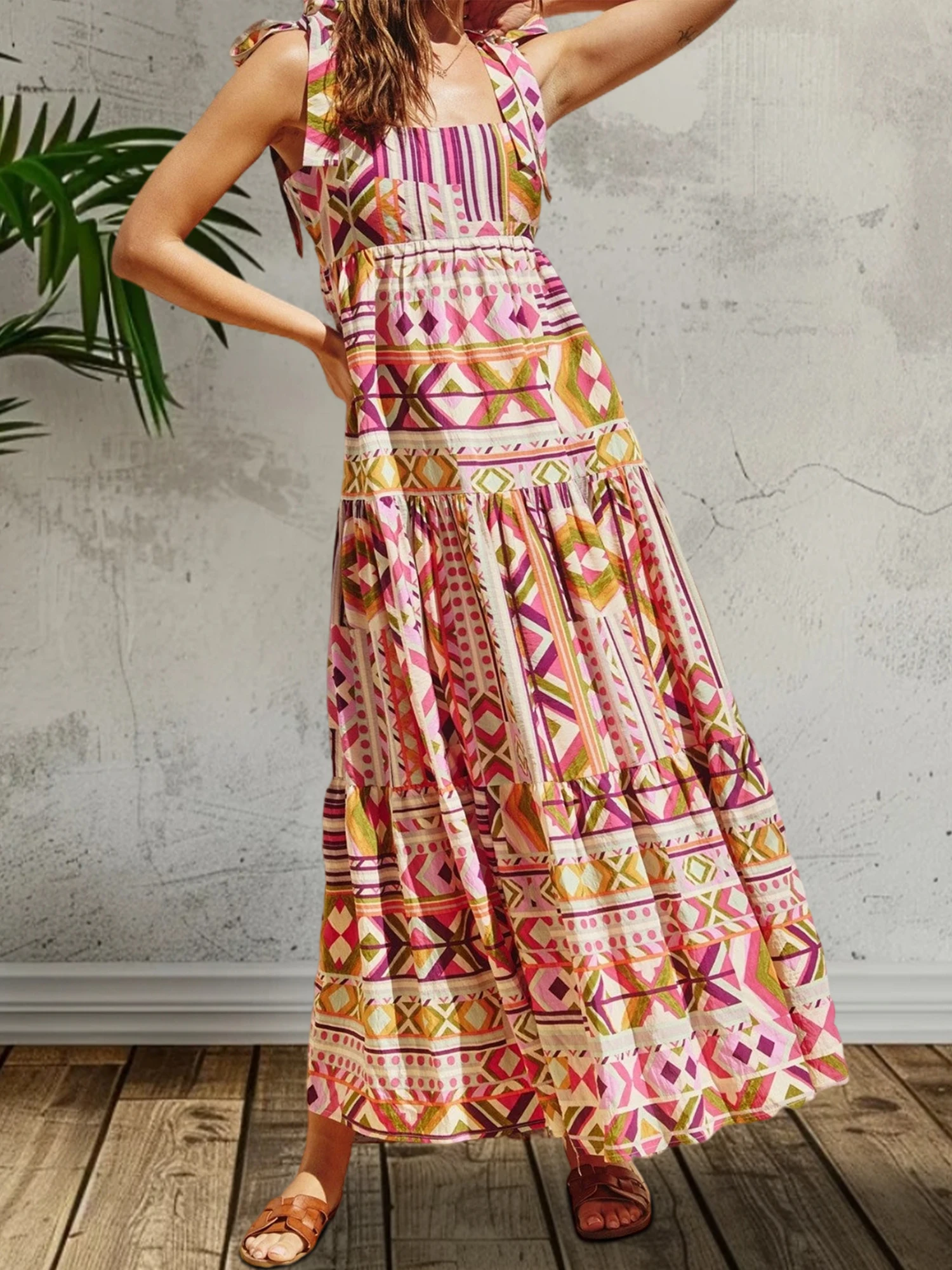 여성 여름 긴 캐미 드레스 민소매 타이 어깨 스퀘어 넥 Boho 패턴 프린트 비치 드레스