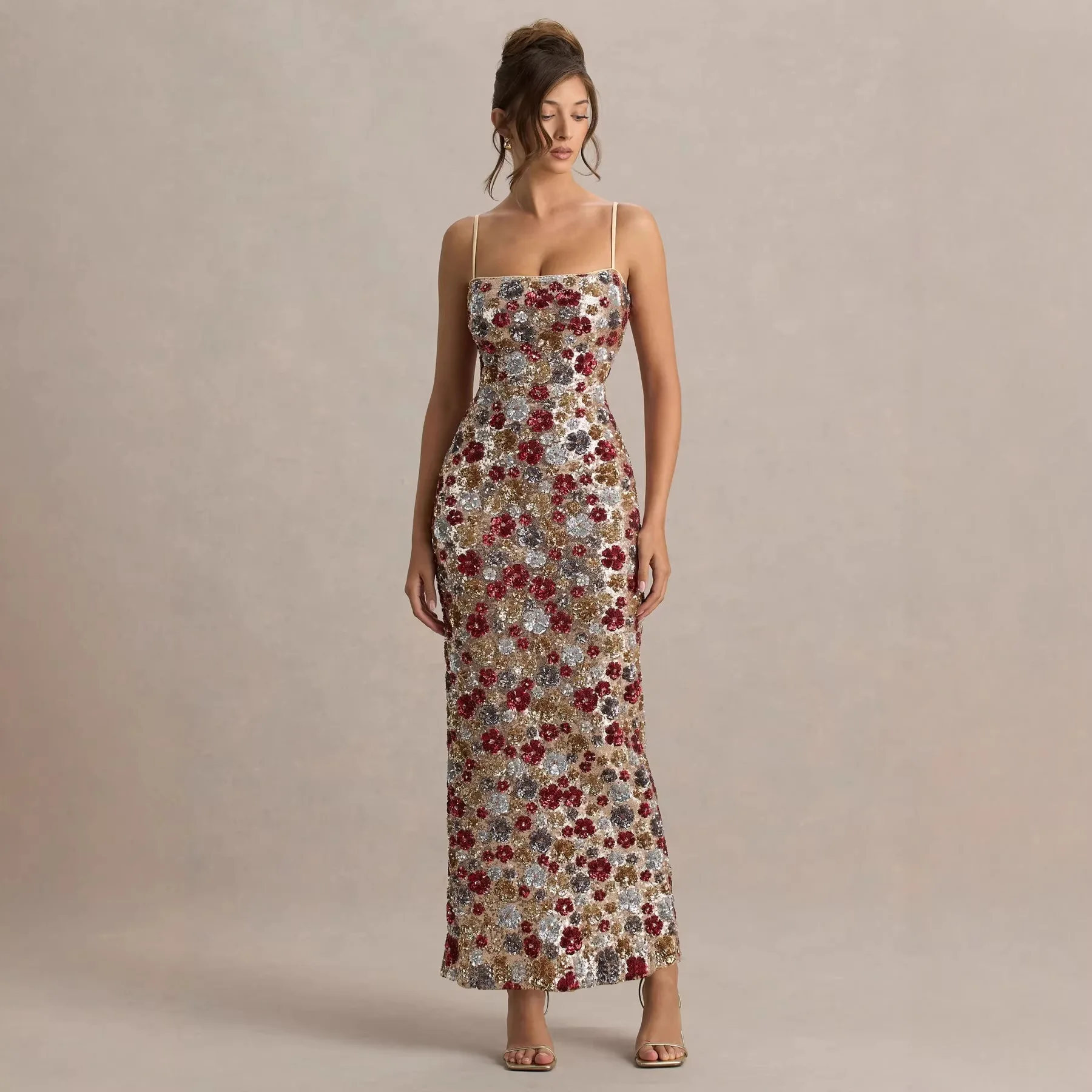 

Bright Sequin Flower Spaghetti Strap Dresses Women Trendy Sexy Package Hip Slim Slit Long Dress Fashion Lady Party Prom Vestidos
