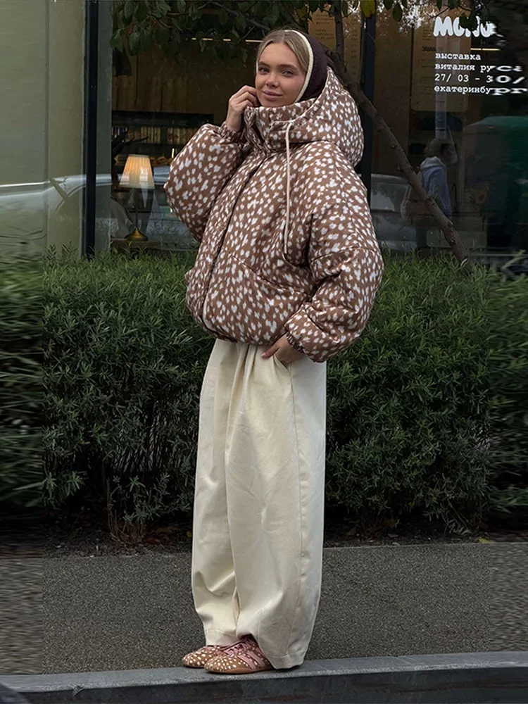 Lady Dotted Print Hooded Puffer Jacket Full Zipper Drawstring Hood Long Sleeve Loose Oversized Thick 2026 Warm Winter Outerwear