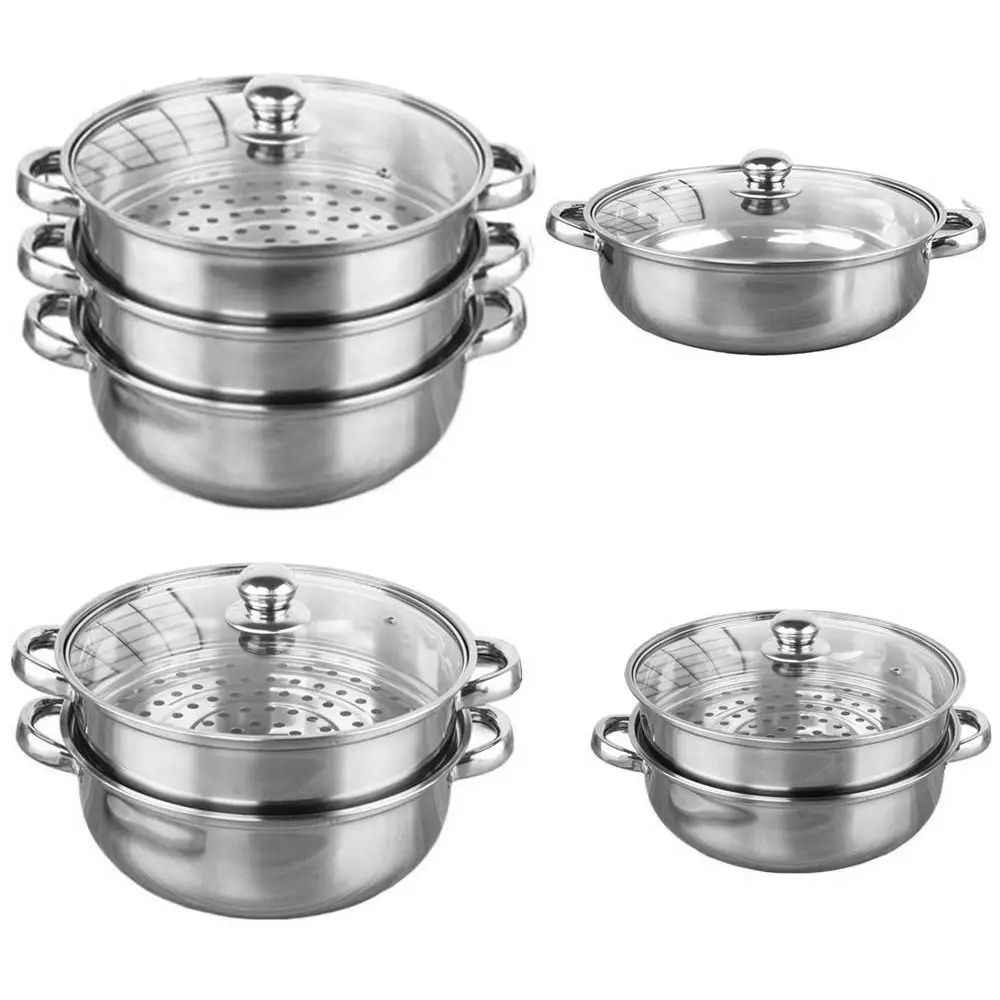 2/3 Tier Steamer 3-Layer Stainless Steel Steamer Cooker Steam Pot Set Pan Cook Pot Food Veg Cooking Kitchen Cookware