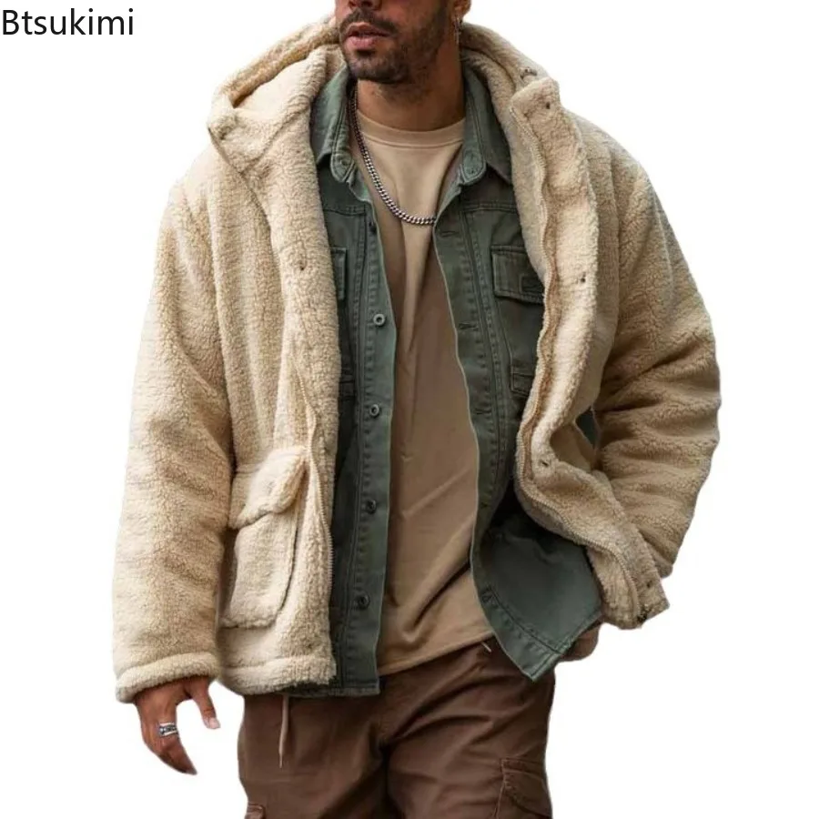 2025 Men's Autumn and Winter Fleece Zipper Sweater Hooded Solid Color Fluffy Coats Male Sherpa Fleece Jackets Warm Streetwear