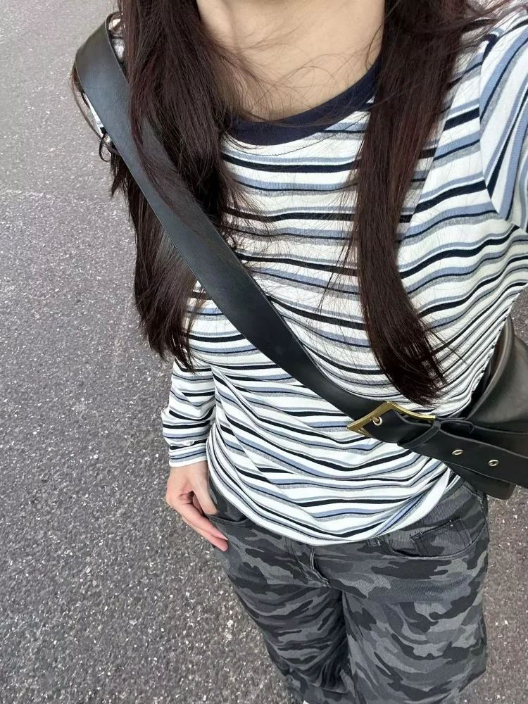 Moda Hong Style Ins Long Sleeve T-shirt Ins Age Reduction Elegant Slim Female Stripe Preppy Style Minority Camisetas