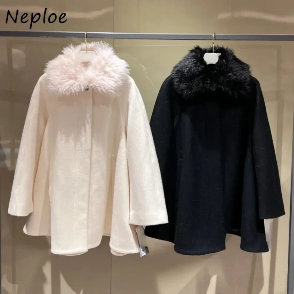 

Neploe Vintage Stand Collar Long Sleeve Wool Coat Fluffy Collar Mid-length Harajuku Jacket Japan New Cloak Shawl Warm Outwears