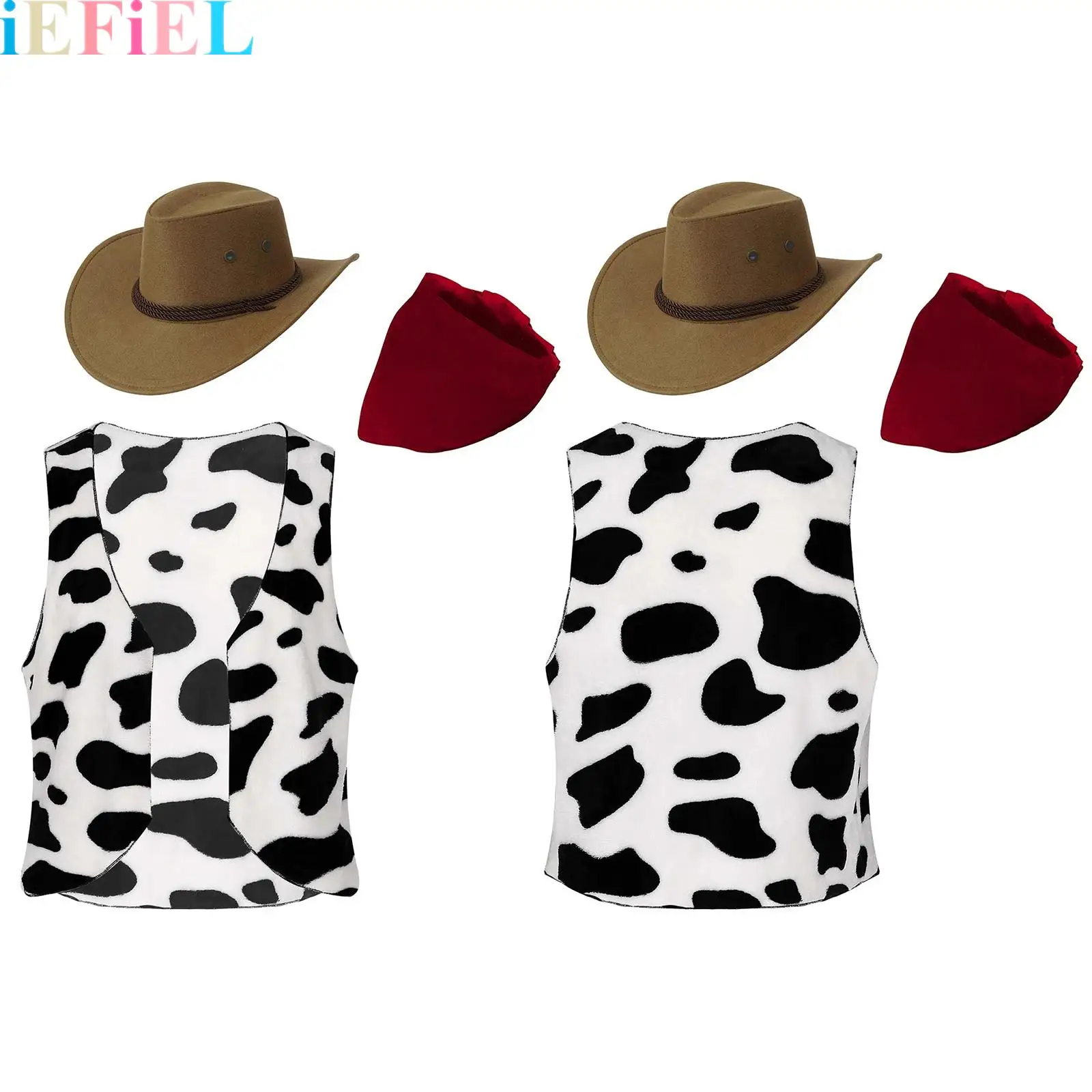 

Mens Western Cowboy Costume Set Cowboy Hat Cow Printed Vest Flannel Waistcoat And Bandanas for Festival Cosplay Theme Party