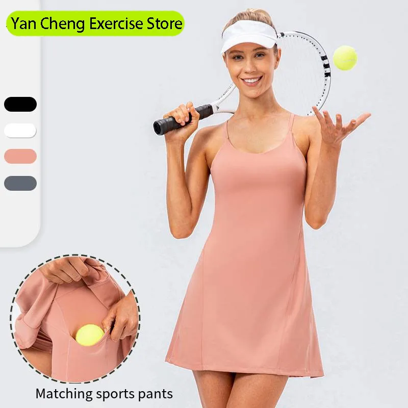 

Two-piece Tennis Skirt with Pockets Slip Elastic Yogo Round Neck Dress Quick-drying Golf Fitness Sport A-line Skirt with Pants