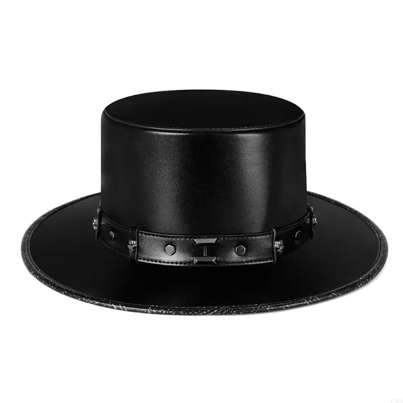 

P88B Steampunk Plague Doctor Hat PU Leather Black Flat Top Hat for Halloween Cosplay