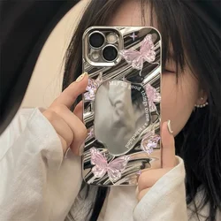Creative Pink Butterfly Mirror Phone Case For iPhone 16 15 14 13 12 11 Pro Max 3D Bumpy Plating Wave Design Girls Makeup Cover
