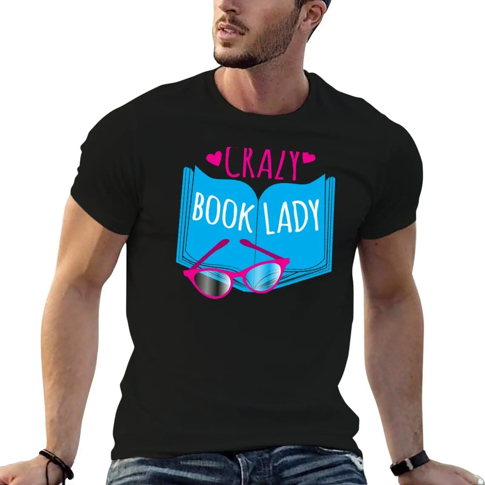 Crazy Book Lady with a pair of glasses and a book in blue T-Shirt anime funny meme t-shirts mens t shirts casual stylish