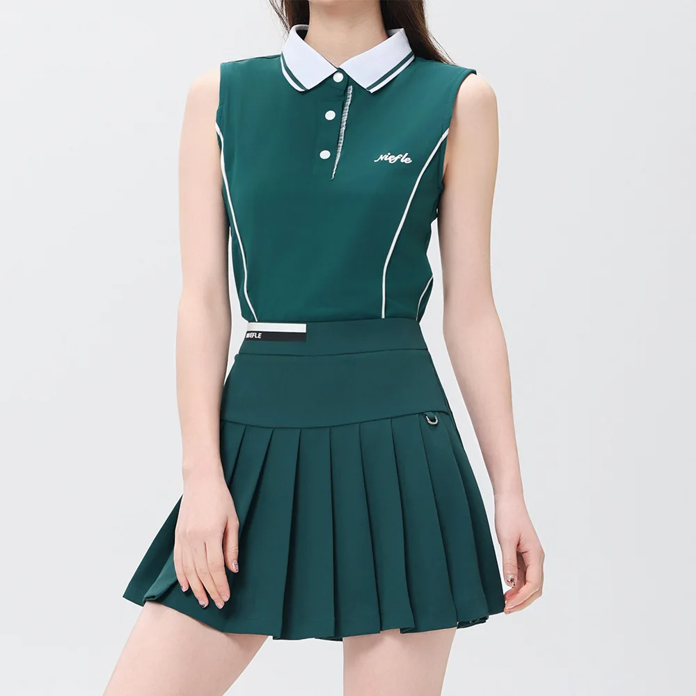 

Женский комплект для гольфа в корейском стиле 2026: теннисная плиссированная юбка с воротником поло и безрукавка для летних видов спорта, бадминтона и бега