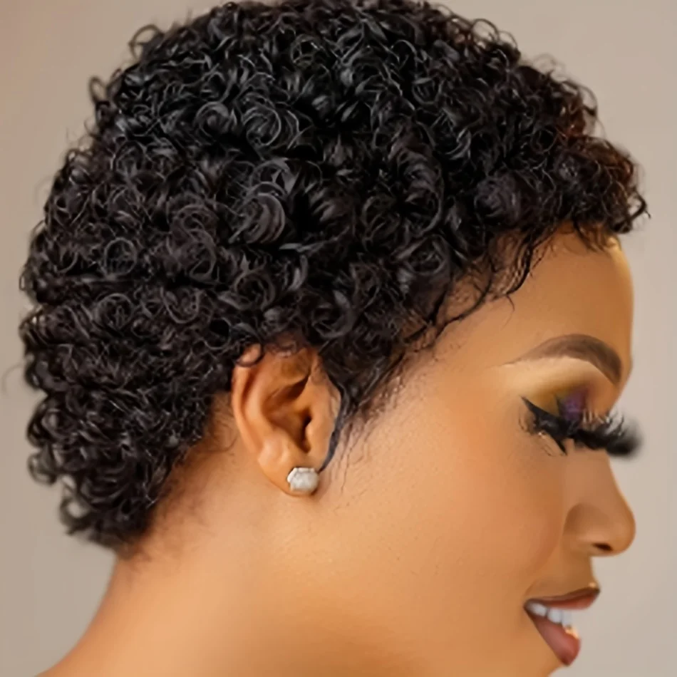 4inch short afro curly black color 150% density pixie cut human hair wig machine made remy hair wigs for women