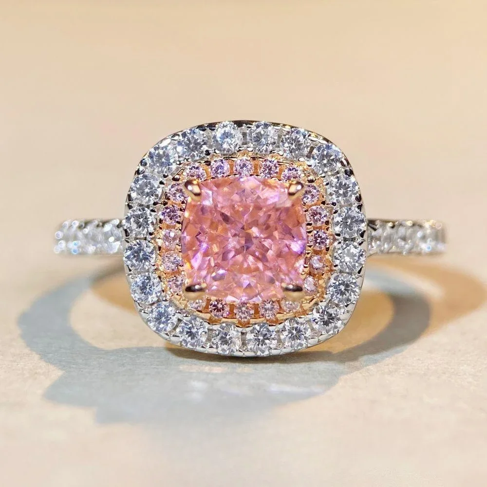 New925 Silver Ring Female Shake Tone Explosive Pink Diamond Ring Luxury Full Diamond Square Bag Pink Ice Flower Wedding Jewelry