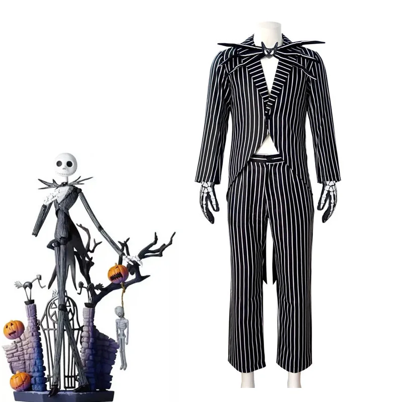 Jack Cosplay Skellington Cosplay-Kostüm für Erwachsene, Herren, Fantasia-Jacke, Hose, Outfit, Halloween-Karnevalsparty, Verkleidungsanzug