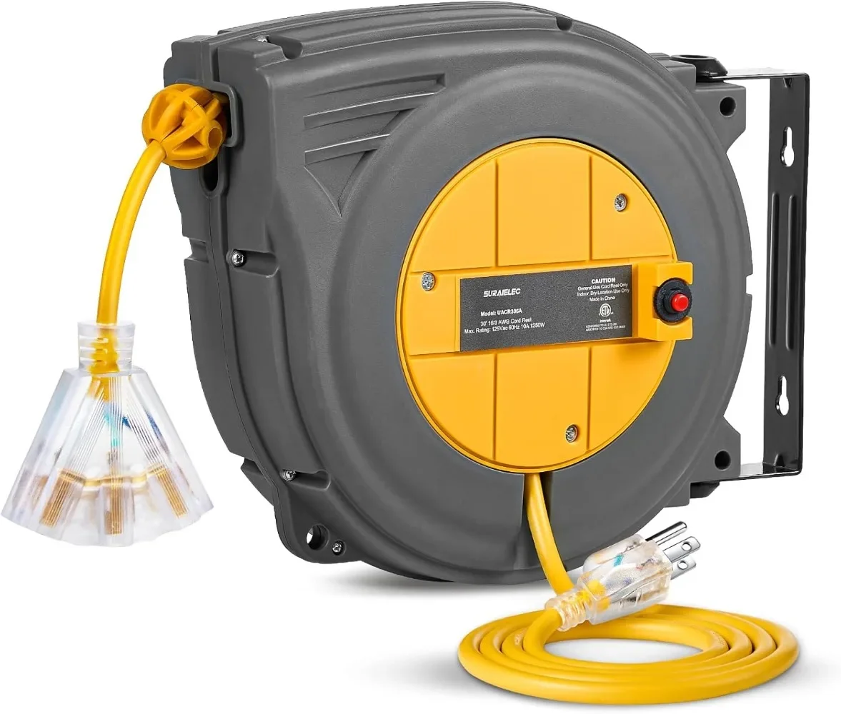 

30 FT Retractable Extension Cord Power Cord Reel ，3 Electrical Outlets Triple Tap, 10 AMP Circuit Breaker ，Ceiling Hanging