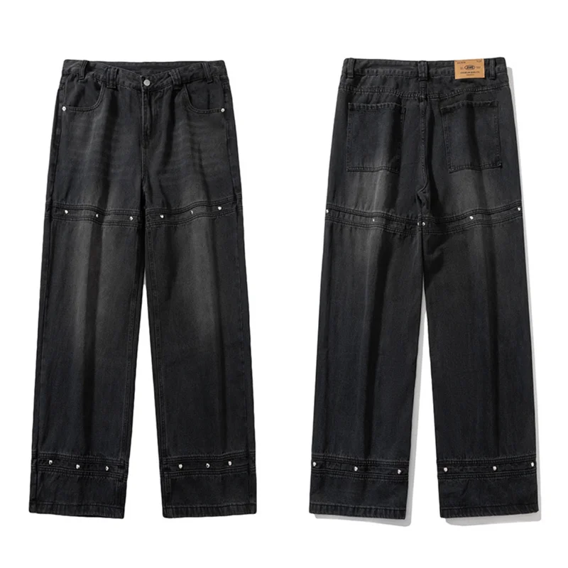 High Street Design Sense Jeans Men Women Wide Leg Pants Made of Old Washed Rivet Decorative Splice Jeans