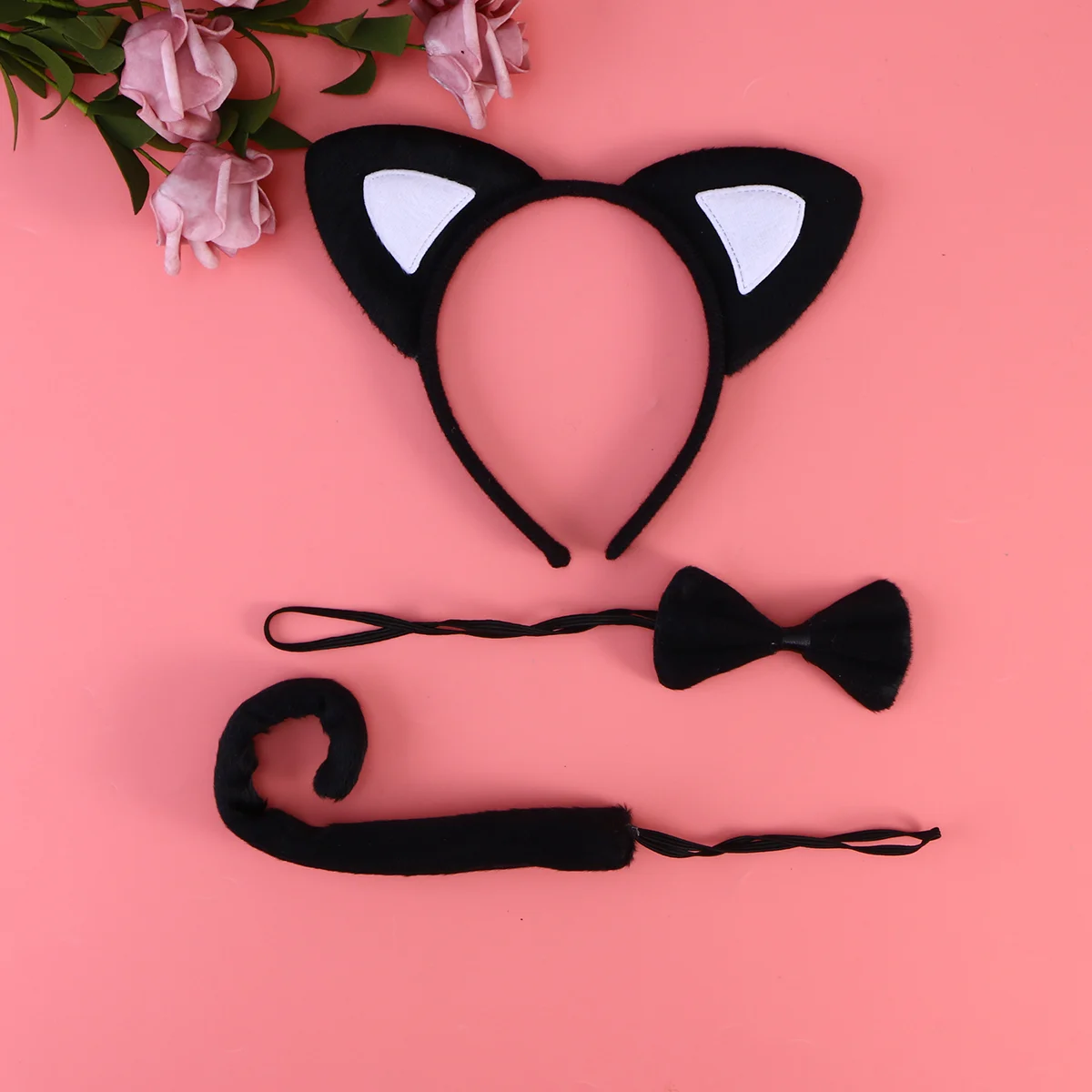 3 uds. Diadema con orejas de gato para niños, pajaritas, conjunto de cola, disfraz de Cosplay de fiesta (blanco y negro), conjunto de cosplay de gato