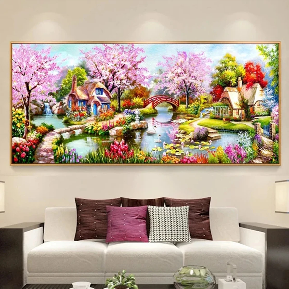 5D DIY Diamond Painting Pink Flowers Sakura Small Town Cross Stitch Kits Diamond Mosaic Large Size Landscape Embroidery Home Dec