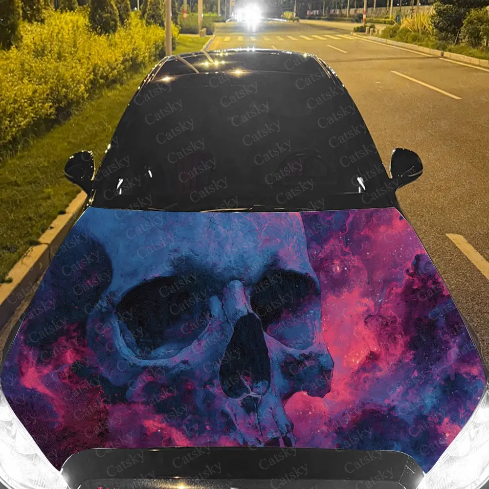 Car Decal Artistic Design with Skull in Blue-Red-Hued Textural Style Car Hood Sticker, Waterproof Self - Adhesive PVC Graphics D
