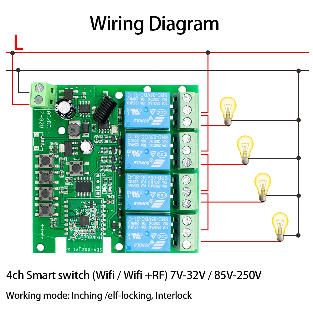 eWeLink 4채널 WiFi 스마트 원격 제어 스위치 릴레이 모듈 12V 220V, 4채널 모터 조명 램프 리시버 알렉사/구글 홈 연동