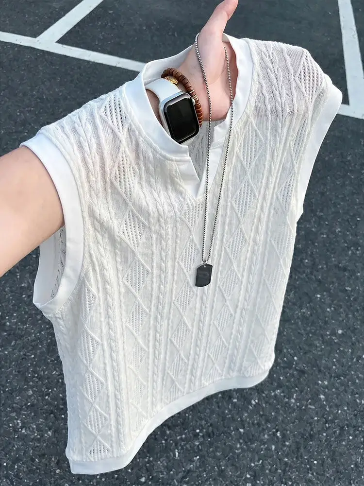 White Textured Hollow V-Neck Sweat Vest Lightweight Breathable Sleeveless T-Shirt Ice Silk Sports Style Shoulder Ice Silk