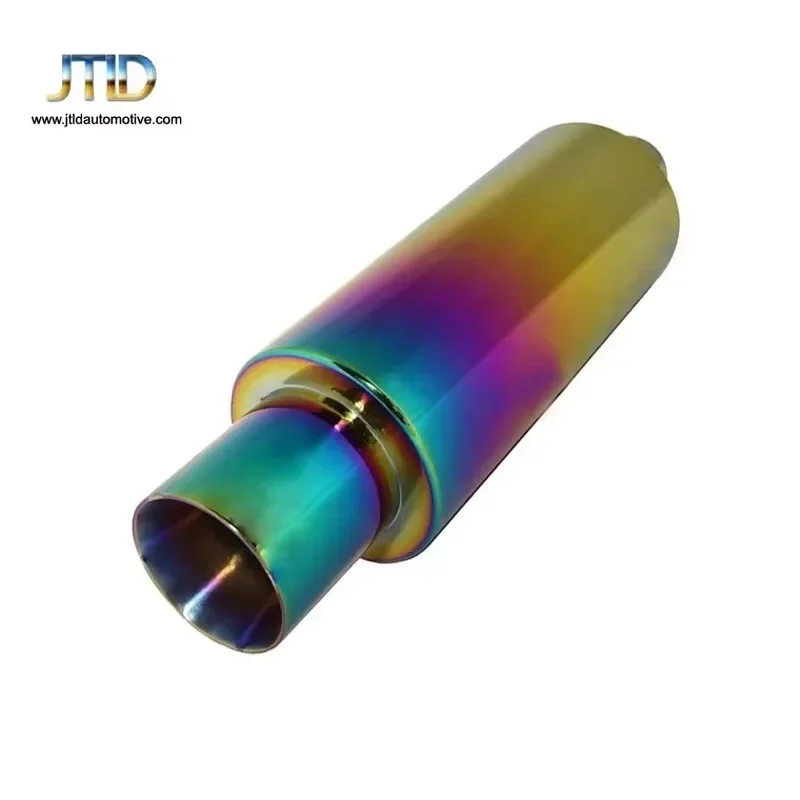 JTLD Universal Fit 304 SS Colorful Round Exhaust Muffler with Straight Cut Tip 1.2mm Thickness Polished