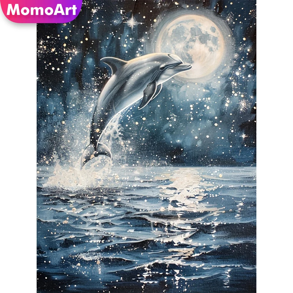 Momoart Delphin Diamant-Stickerei, Tier, geeignet für Anfänger, Malerei, Mond, Bastelset, Diamant-Mosaik, DIY-Heimdekoration
