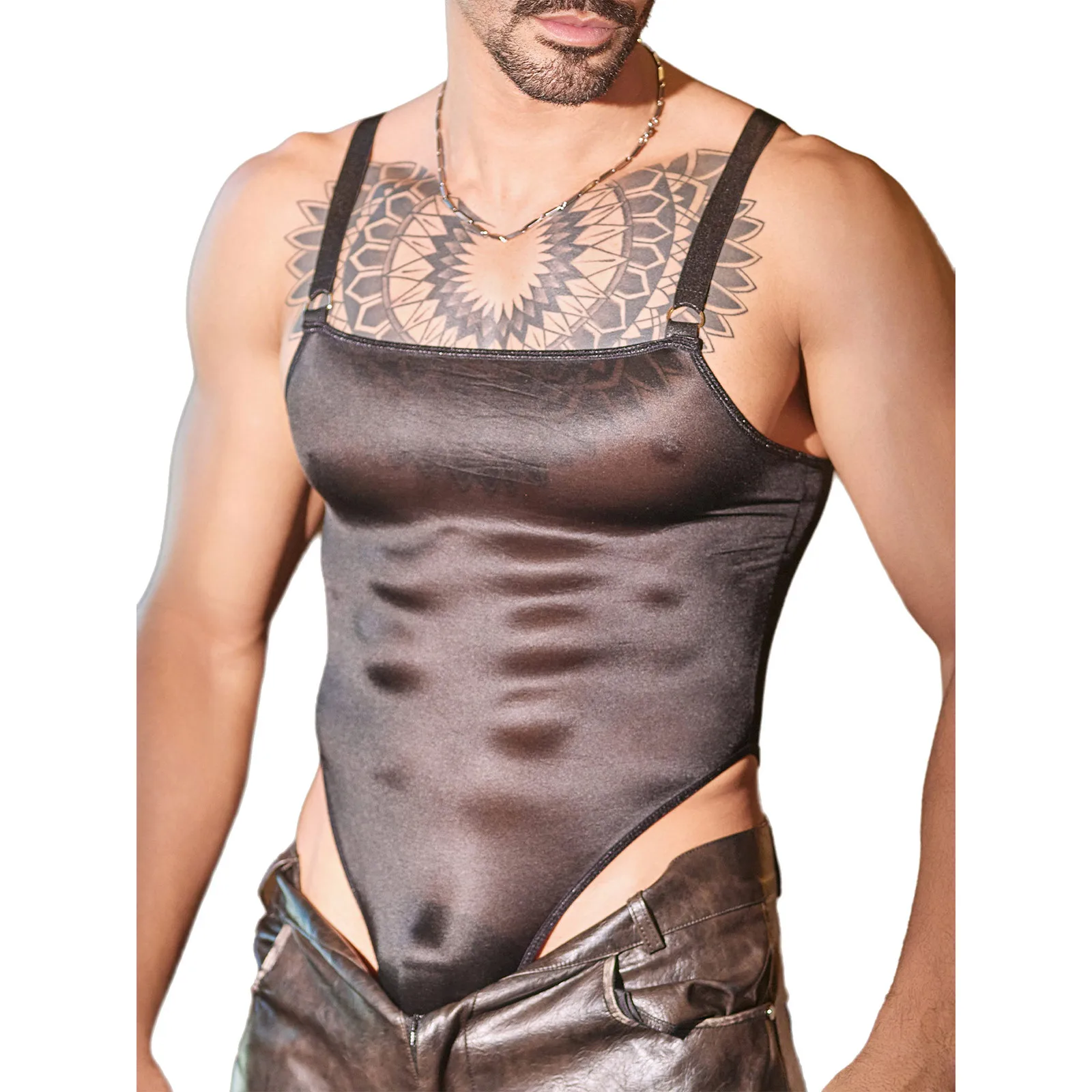 

Mens Glossy Sheer Sling Bodysuit High Cutting Backless Stretchy Leotard Jumpsuit One Piece Nightwear Sleepwear for Couples Night