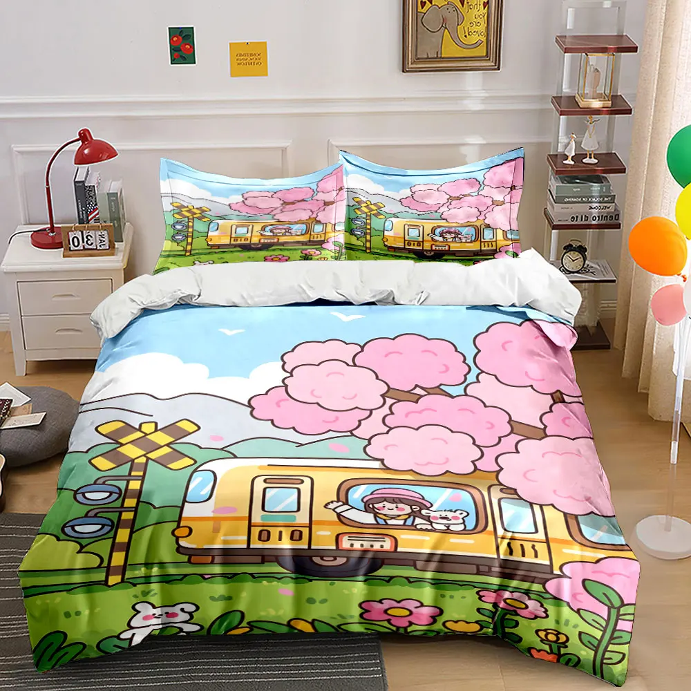 Blooming Cherry Blossoms and Yellow Bus Pattern Duvet Cover Set Digital Print Colorful Polyester Bedding with Zipper Closur