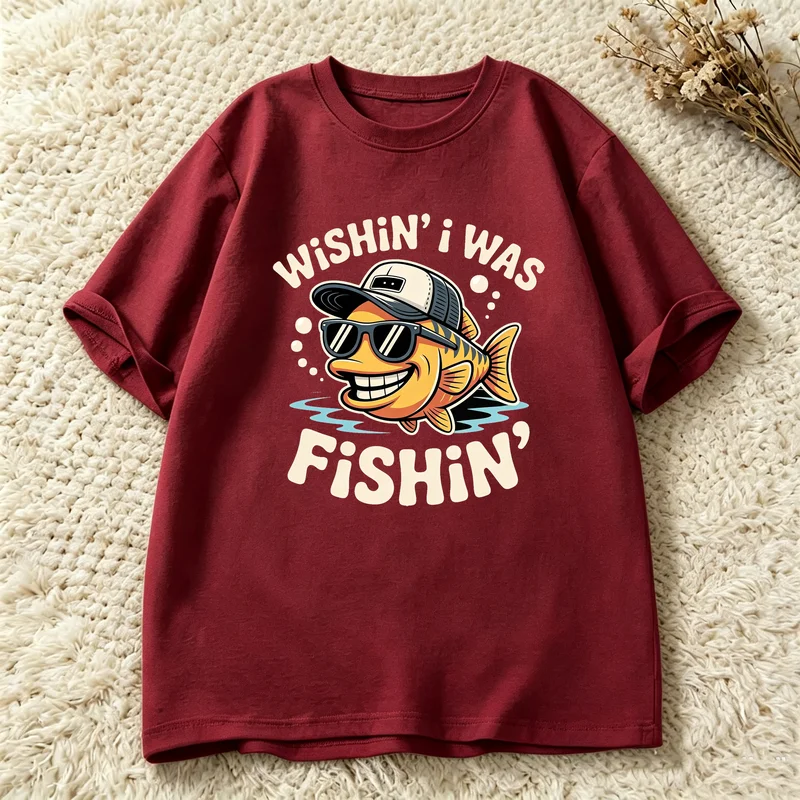 Vintage Wishin I Was Fishin Tee Unisex Cotton Black Short Sleeve Angler Outdoor Hobby Streetwear T Shirt Harajuku Y2k Top