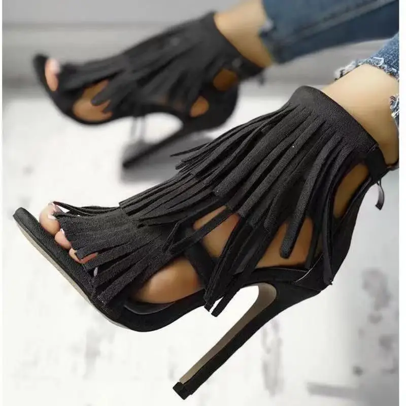 Low Sandals Woman Leather Tassel Shoes Lady 2024 Large Size Suit Female Beige Summer Heels Open Toe Low-heeled Fringe New Big Ve