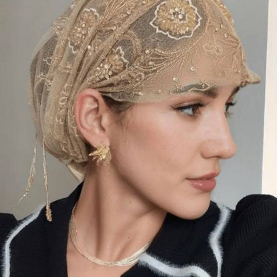 Turban Hat for Women Lace Rhinestone Muslim Hijab Beanie Cap Chic Floral Embroidery Headwrap Prayer Hat 6