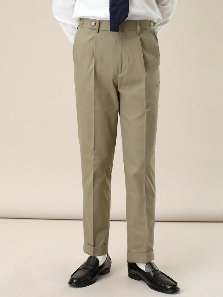 

Cultum Paris Bule Adjustable Pleated Khaki Men's Straight Leg Casual Pants Busin Casual Slim Fit Non-Ironed Trousers