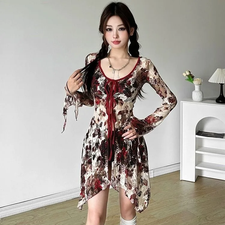 Vintage Rose Print All-match T-shirt for Women O-neck Lace Up Slim Waist Blouses Mujer Y2k Long Sleeve Sun Protection Tops