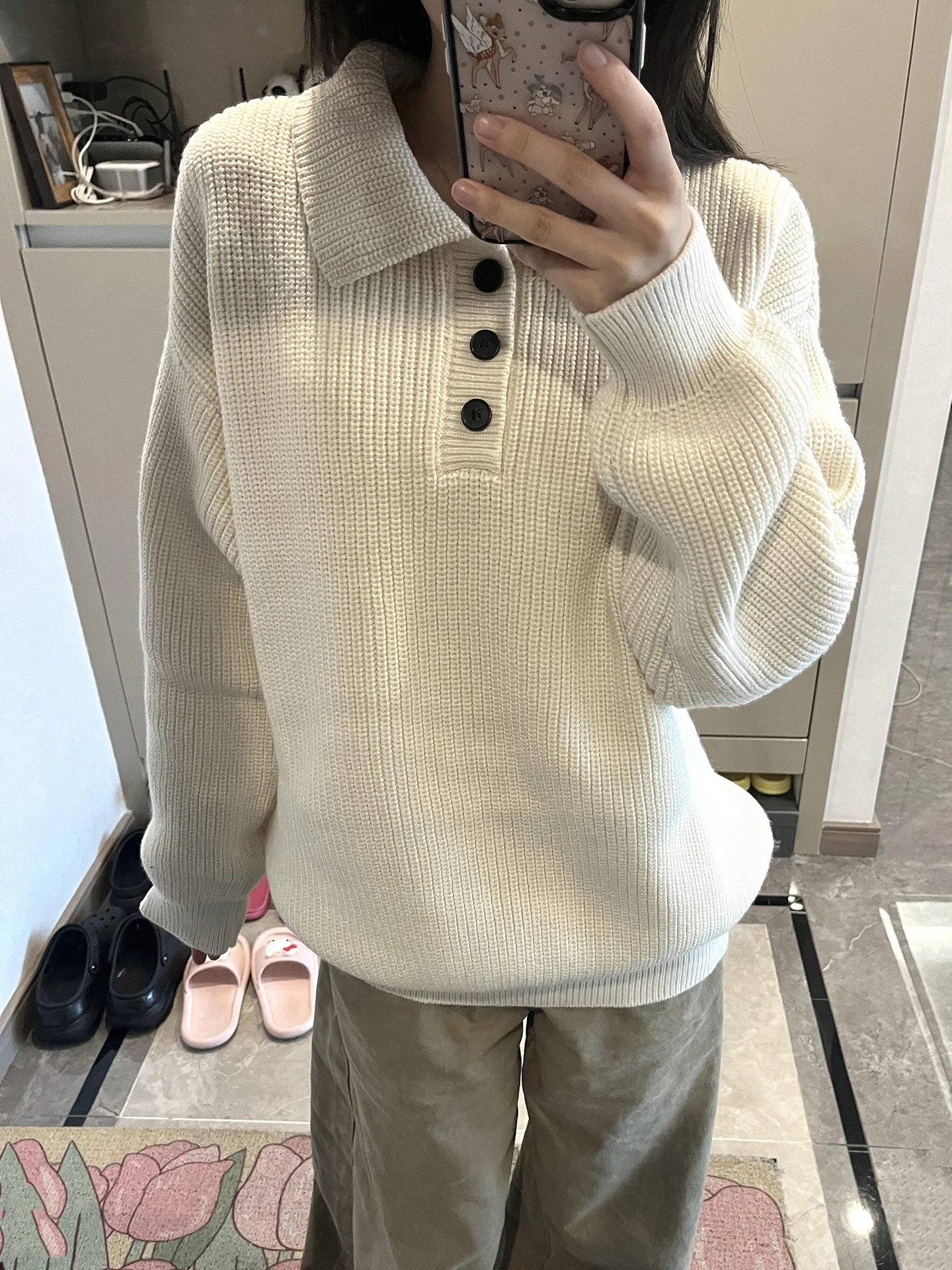 

Light Khaki Collared Knitwear Men's Sle Autumn Winter Soft Cozy Inner Wear Cleanfit Top Loose Fit Long Sve Regular Length